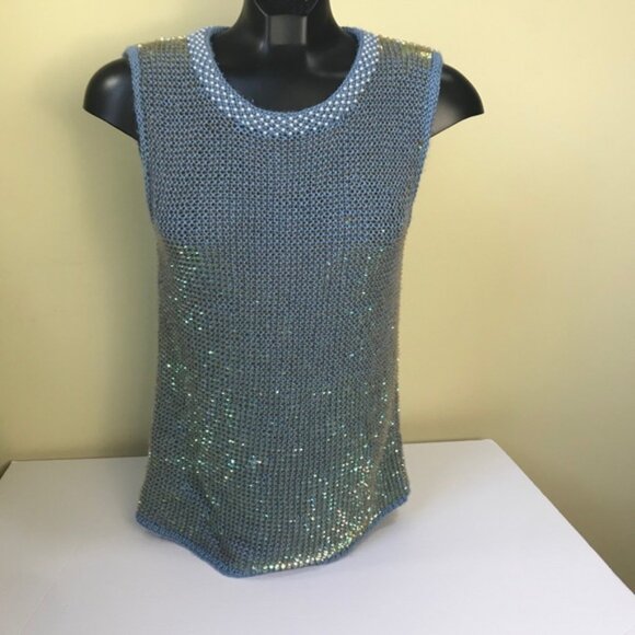 Mac & Jac Vintage Y2K Sleeveless Sweater Beads Sequins Metallic Top Blue Preppy - Picture 12 of 14